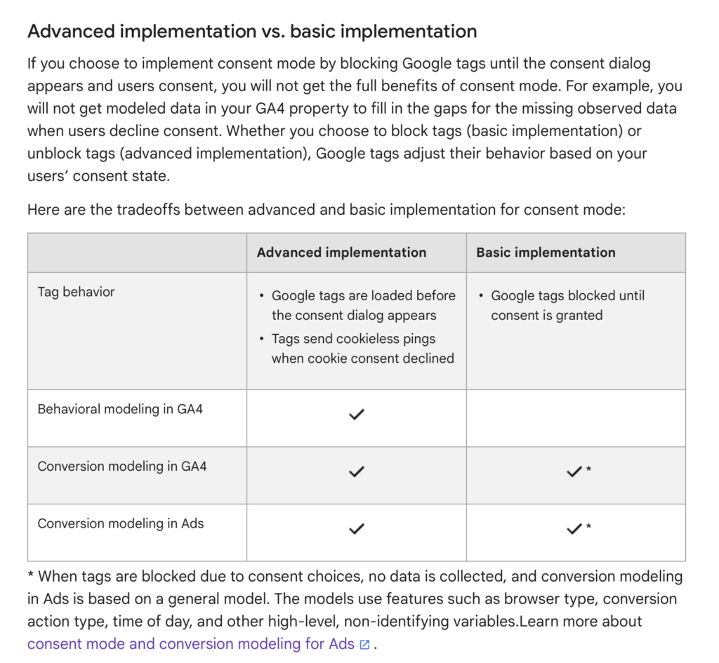 The image shows a comparison table of advanced implementation of Google consent mode v2 and the basic implementation of consent mode v2. It is a screenshot from Google Help
